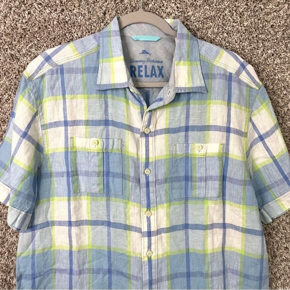 Tommy Bahama Shirt Men’s Large Relax Plaid Linen Short Sleeve Button Down Pocket - Picture 2 of 6